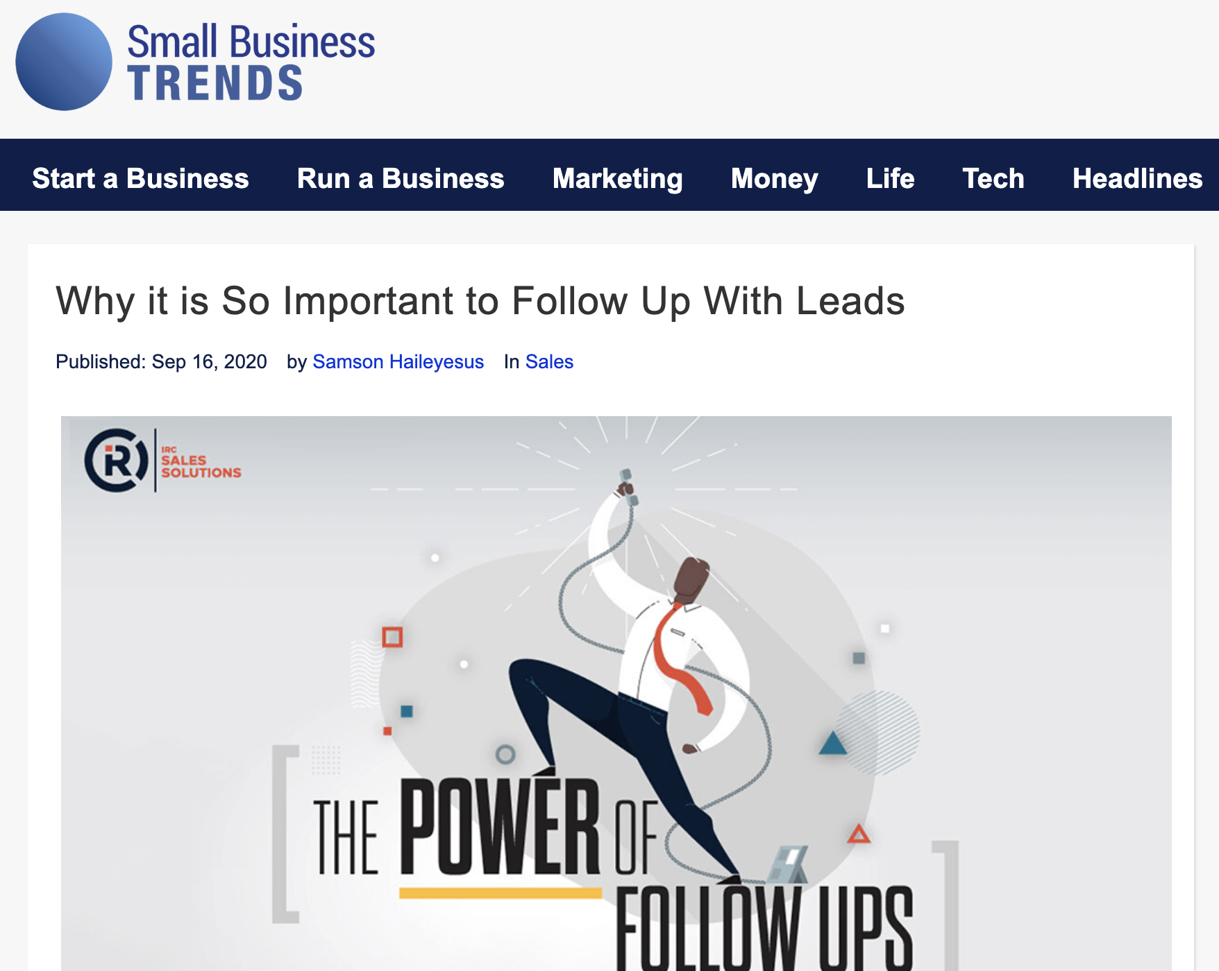 Digital PR example screenshot of a Small Business Trends article titled “Why It Is So Important to Follow Up With Leads,” featuring a graphic that reads “The Power of Follow Ups.”
